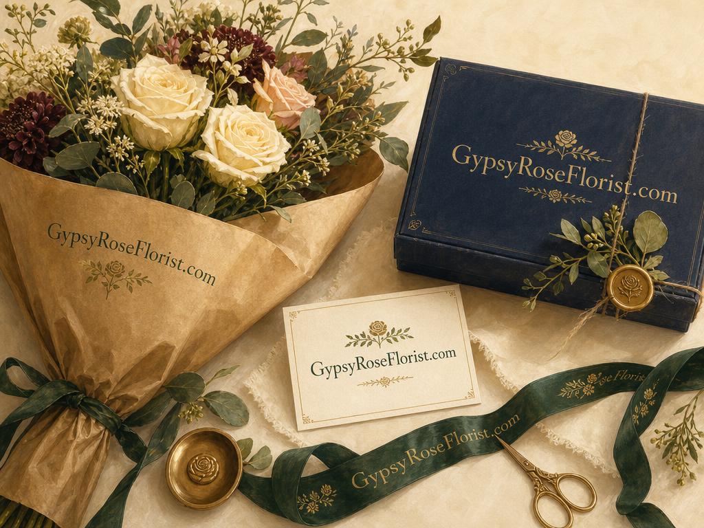 Florist packaging, ribbon and business cards printed with GypsyRoseFlorist.com