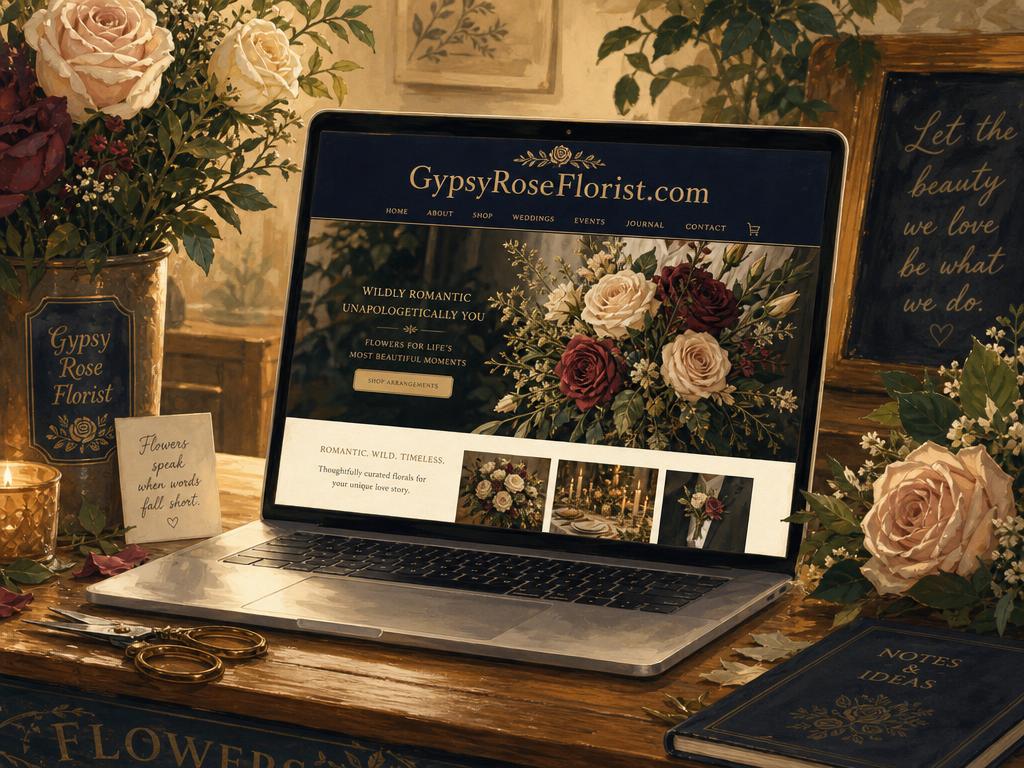 A laptop showing a florist website headed GypsyRoseFlorist.com